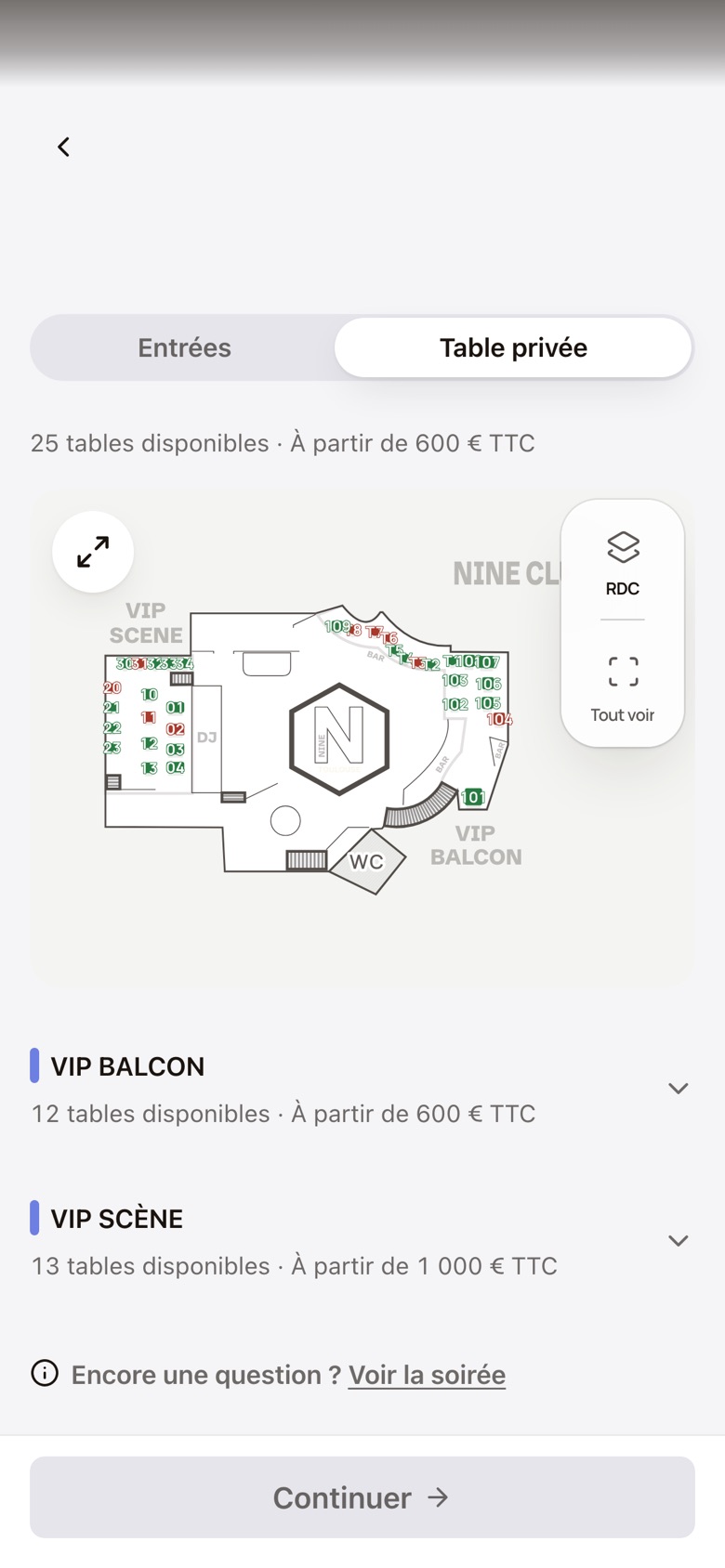 L’onglet Table privée avec le plan de la salle