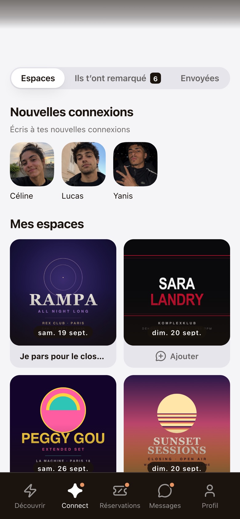 L’écran Connect : un espace par soirée