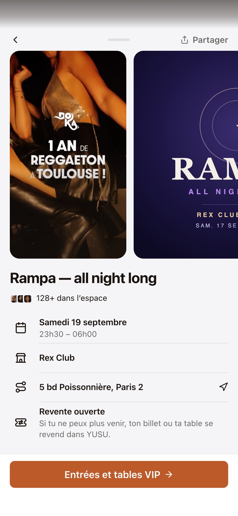 La fiche de Rampa au Rex Club, qui monte en tiroir
