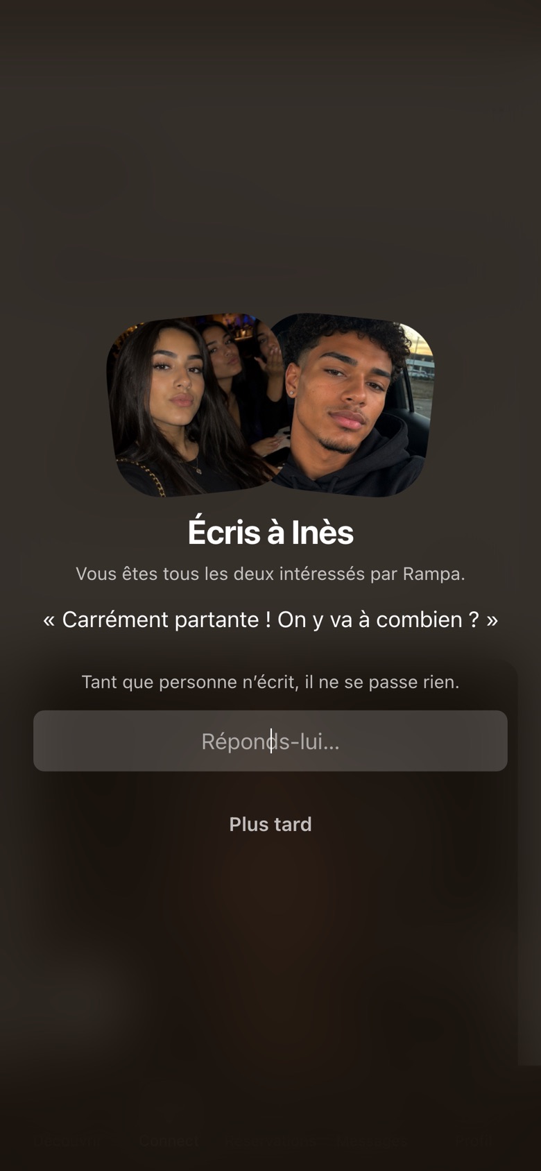 L’écran de match de l’app : Écris à Inès