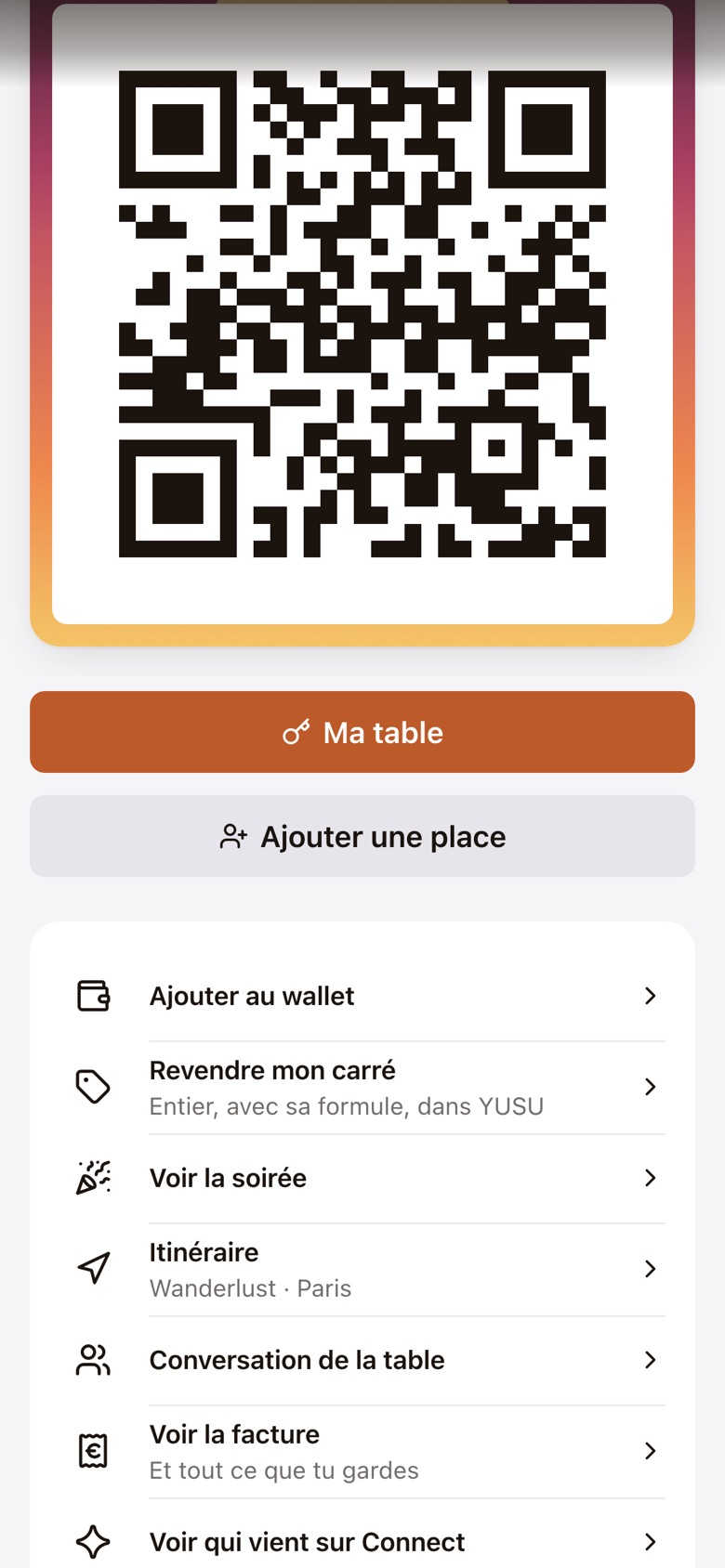 Une table réservée dans l’app, avec « Revendre mon carré »