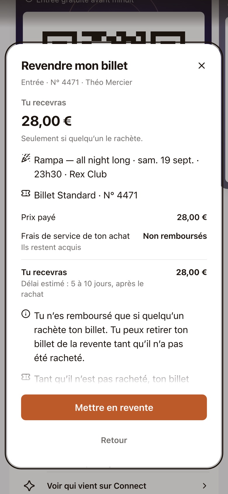 Le tiroir « Revendre mon billet » : tu recevras le prix payé, seulement si quelqu’un le rachète